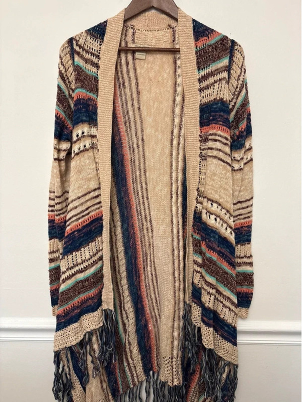 Lucky Brand Size L Boho Open Knit Striped Fringe Waterfall Cardigan